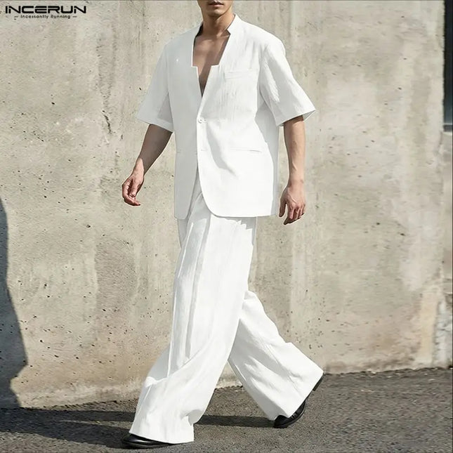 INCERUN Men's Two-Piece V-Neck Short Sleeve Blazer & Pants Set