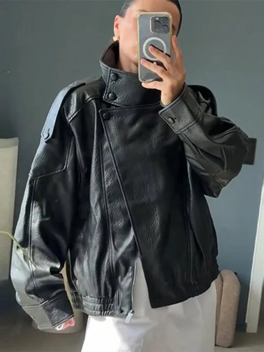 Women's Stand Collar Faux Leather Jacket with Double Button Closure