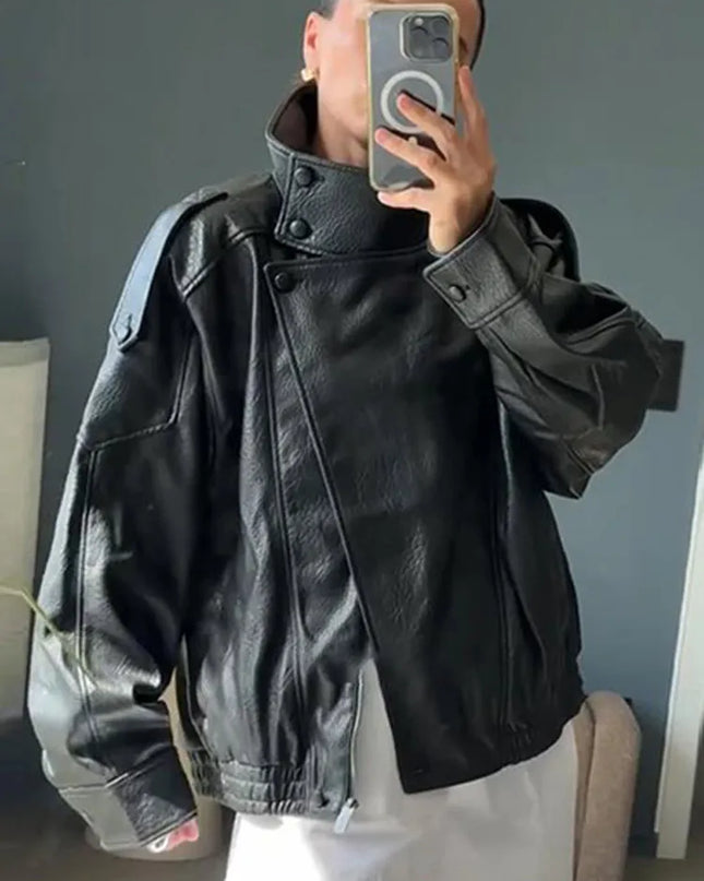 Women's Stand Collar Faux Leather Jacket with Double Button Closure