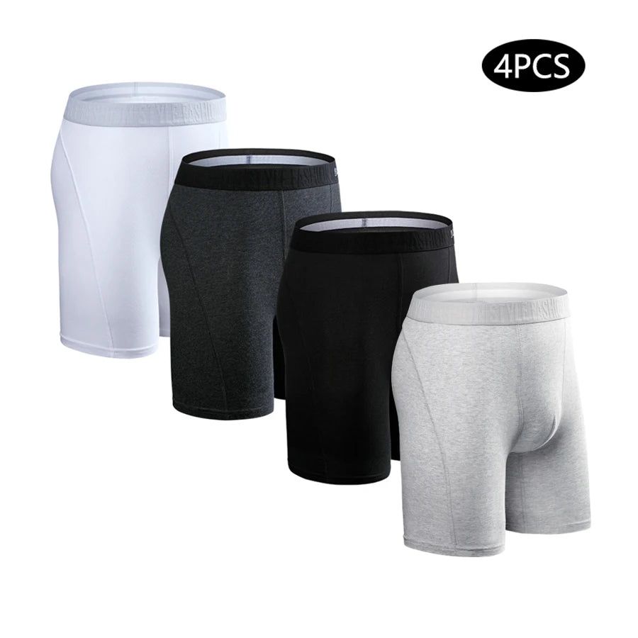 Men's Cotton Long Boxers – Set of 4 Trunks, Comfortable & Breathable Underwear