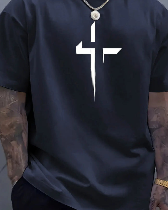Men's 100% Cotton Casual Loose Fit Cross Print Round Neck T-Shirt