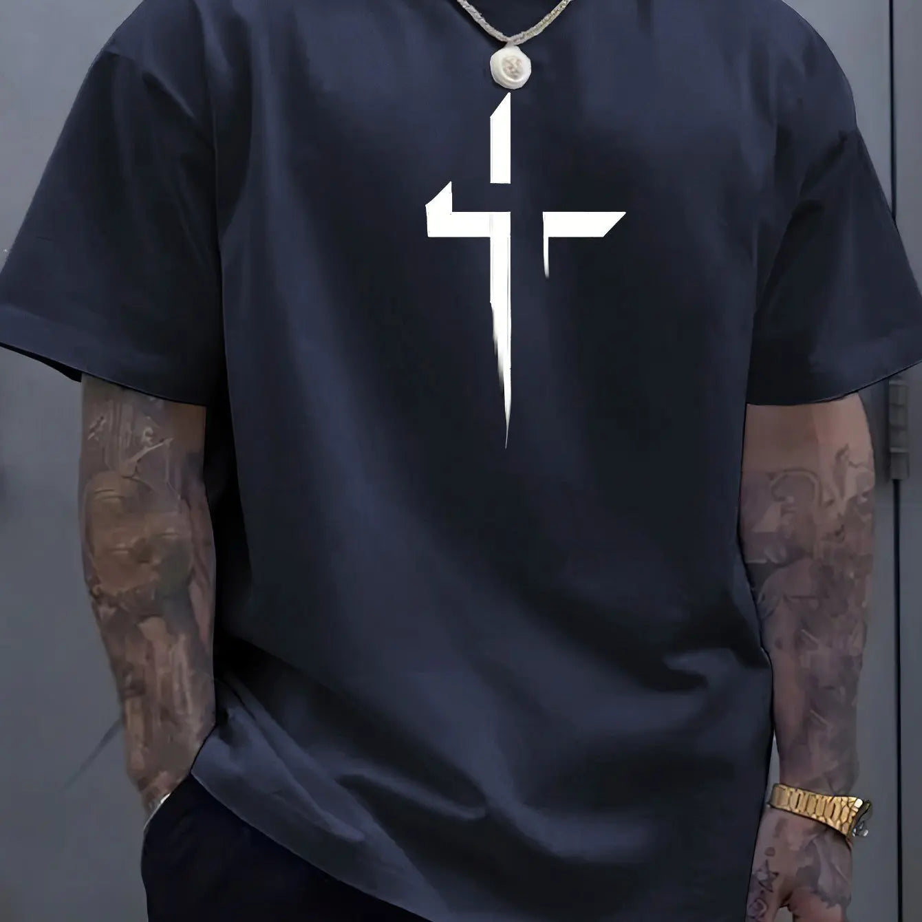Men's 100% Cotton Casual Loose Fit Cross Print Round Neck T-Shirt