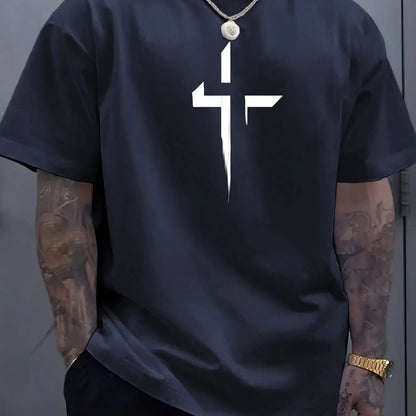 Men's 100% Cotton Casual Loose Fit Cross Print Round Neck T-Shirt