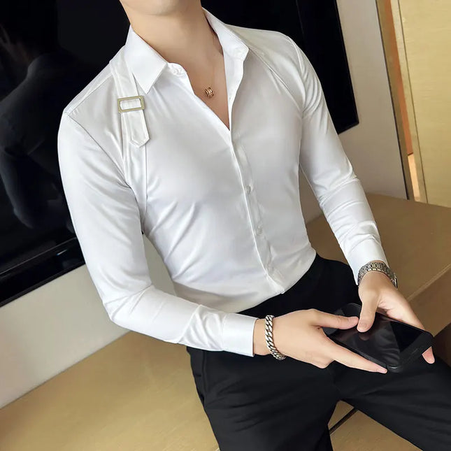 Strap-Detail Long Sleeve Slim Fit Casual Shirt For Men