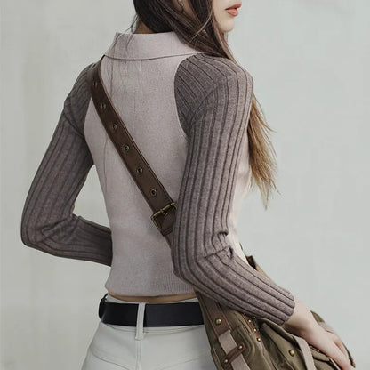 Women' Slim Fit Cropped Knitted Sweater with Spliced Casual Design & Button Detail
