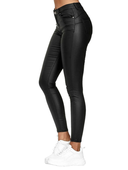 Women's  Faux Leather Skinny pants - High Waist Push-Up Design with Pockets