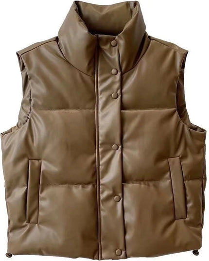 Women's PU Leather Stand Collar Vest Jacket with Zipper