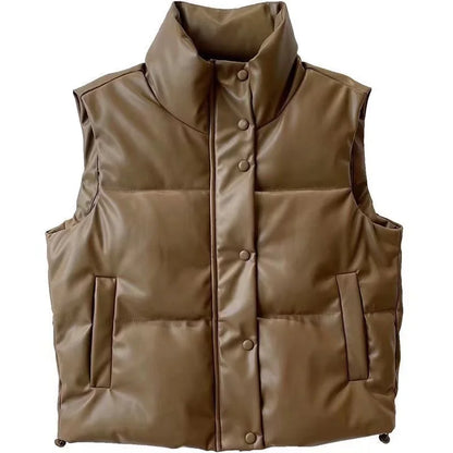 Women's PU Leather Stand Collar Vest Jacket with Zipper