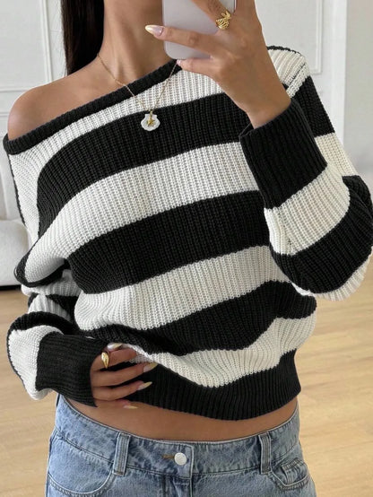 Women's Striped Knitted Sweater with Round Neck