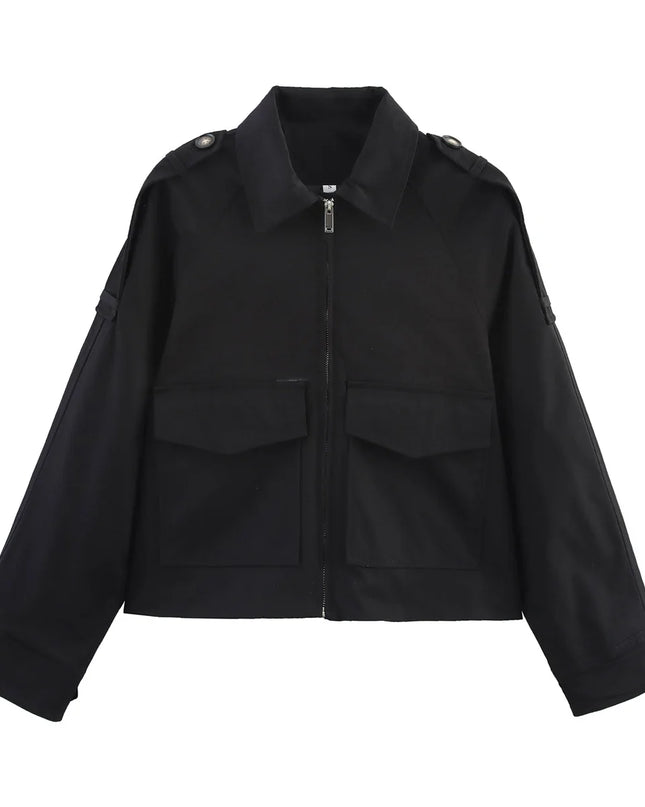 Women's Long Sleeve Casual Jacket with Front Zip Pockets
