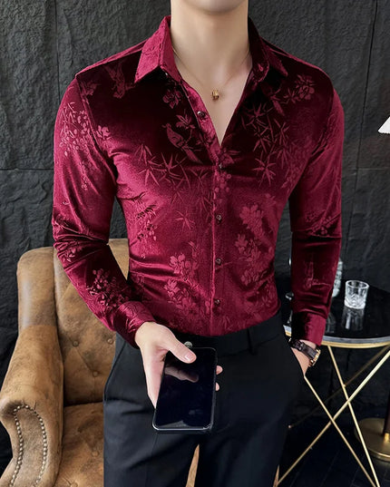 Luxury Velvet Shirt for Men - Slim Fit Casual Floral Design