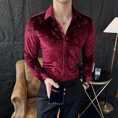 Luxury Velvet Shirt for Men - Slim Fit Casual Floral Design