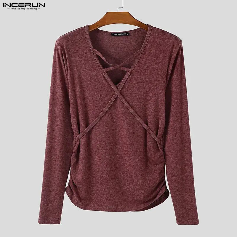 Incerun Men's V-Neck Long Sleeve Pleated Streetwear Top – Trendy Casual Urban Fashion for Men