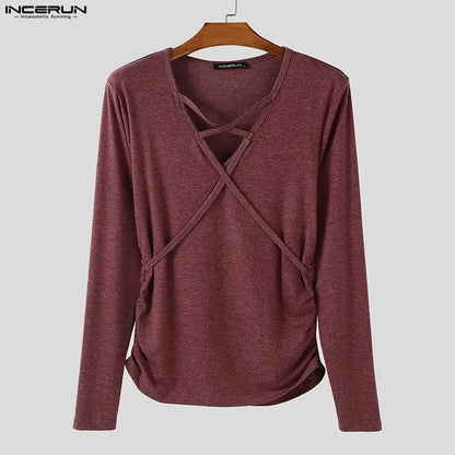 Incerun Men's V-Neck Long Sleeve Pleated Streetwear Top – Trendy Casual Urban Fashion for Men