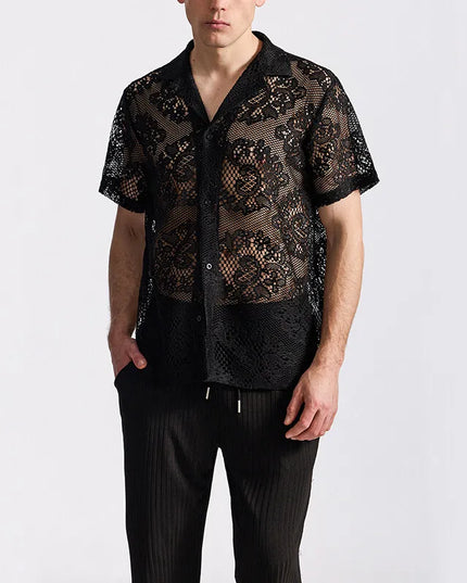 Men's Short Sleeve Mesh Lace Knit Shirt