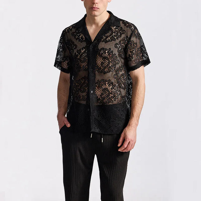 Men's Short Sleeve Mesh Lace Knit Shirt