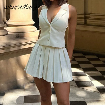 Women's Crop Top And Pleated Mini Skirt Set-2 Piece Outfit