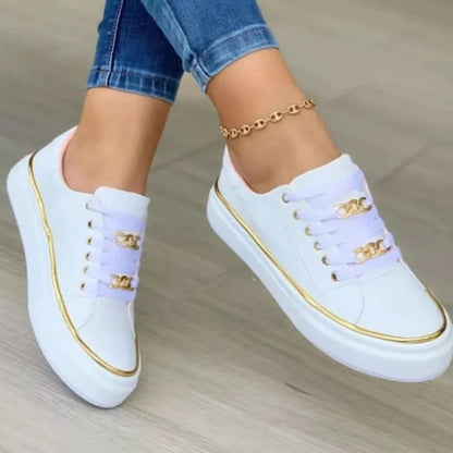 Women's Platform Low-Top Faux Leather Sneakers - Lace-Up, Non-Slip Sole