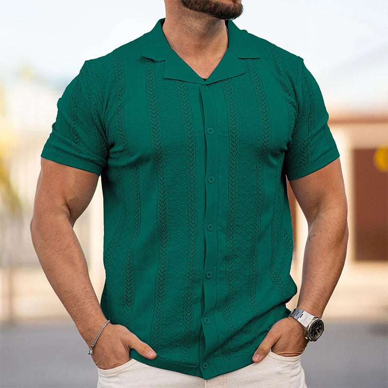 Men's Breathable Striped Knit Patchwork Polo Shirt - Short Sleeve Button-Up