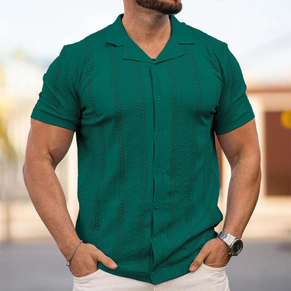 Men's Breathable Striped Knit Patchwork Polo Shirt - Short Sleeve Button-Up