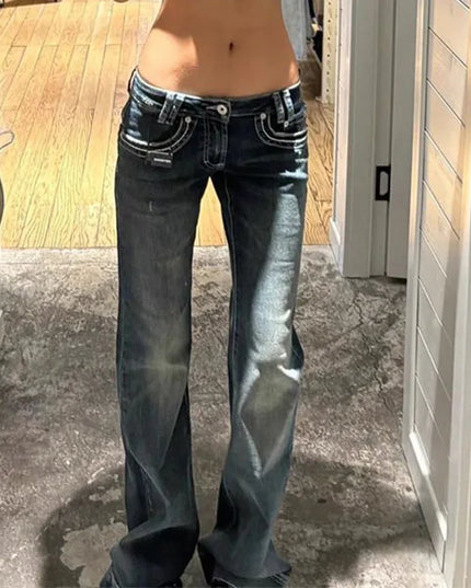 Vintage High Street Low-Waisted Wide Leg Flared Denim Jeans for Women