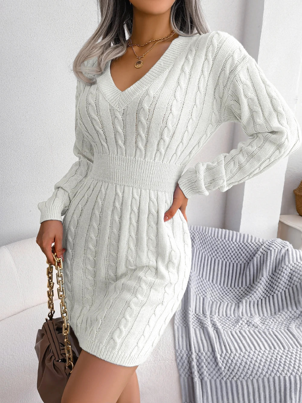 Women's Knitted Sweater Dress - Long Sleeve, Slim Fit, Waist-Knit Knitwear