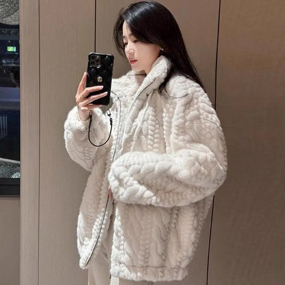 Women's Korean Style Loose Fit Stand Collar Faux Fur Coat
