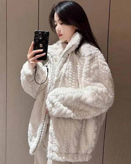 Women's Korean Style Loose Fit Stand Collar Faux Fur Coat