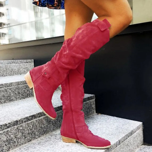Women's Long Suede Boots with Low Heel and Side Zip - Stylish & Comfortable Footwear