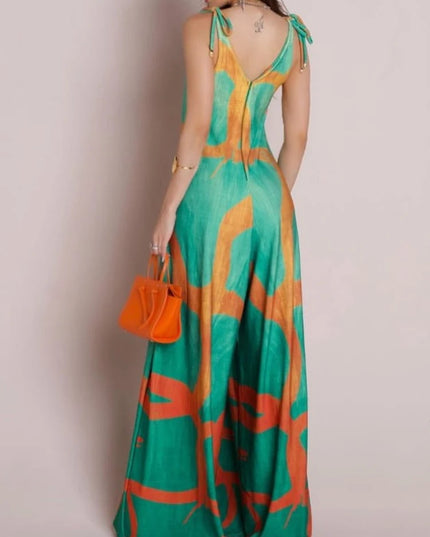 Women's Floral Print V-Neck Dress with Lace-Up Detail & Wide Leg Fit