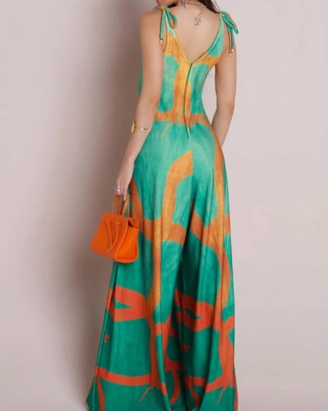 Women's Floral Print V-Neck Dress with Lace-Up Detail & Wide Leg Fit