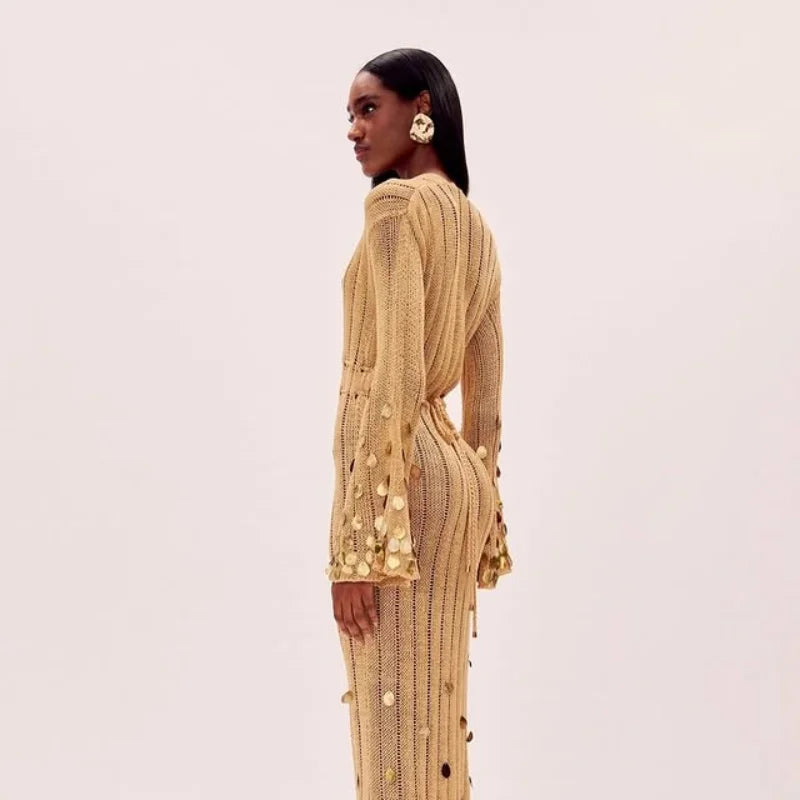 Women's Sequin Knitted Maxi Dress - Deep V Neck Lace-Up High Waist Robe with Sheer Panels