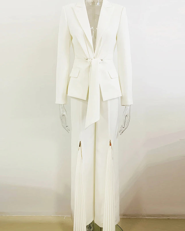Women's Two-Piece Lacing Belt Blazer and Pleated Zip Pants Set | Stylish Women's Suit for Office & Casual Wear