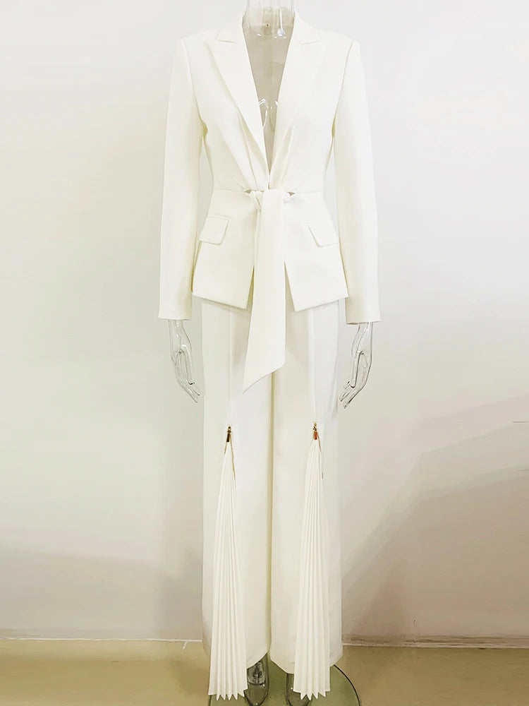 Women's Two-Piece Lacing Belt Blazer and Pleated Zip Pants Set | Stylish Women's Suit for Office & Casual Wear