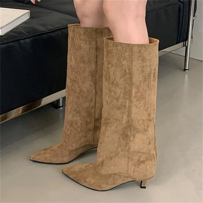 Embroidered Women's Pointed Toe High Knee Boots with Thick Heel - PU Leather