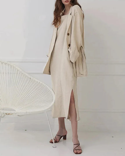 Linen Women's Dress - Elegant Split Midi Dress for Women