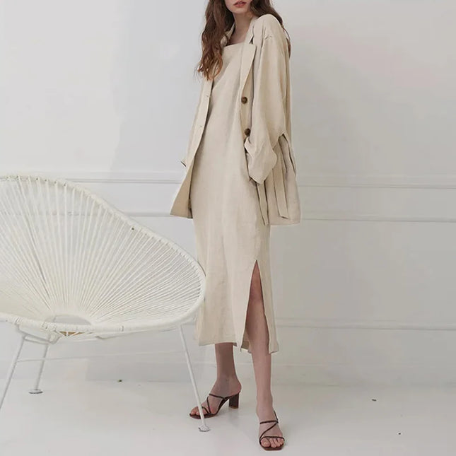 Linen Women's Dress - Elegant Split Midi Dress for Women