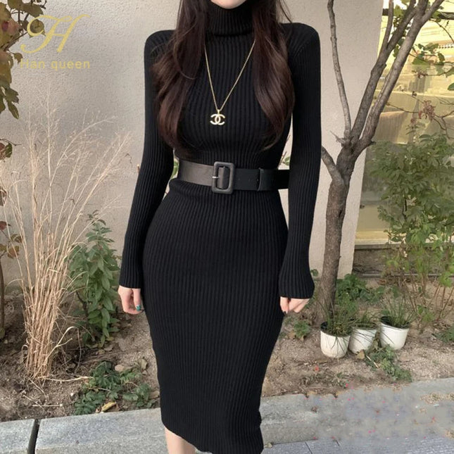 Han Queen Women's Knitted Turtleneck Bodycon Dress with Belt