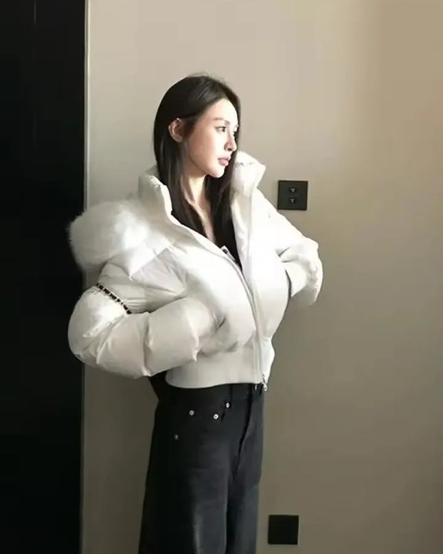 Women's Fur Collar Zipper Hooded Short Jacket - Thickened and Warm