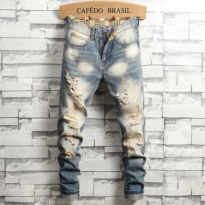 Men's Distressed Ripped Slim Fit Stretch Straight Denim Jeans