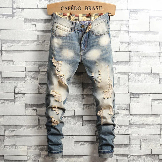 Men's Distressed Ripped Slim Fit Stretch Straight Denim Jeans