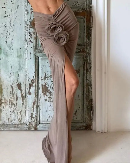 Ruched Maxi Skirts for Women with Floral Appliqué Trim