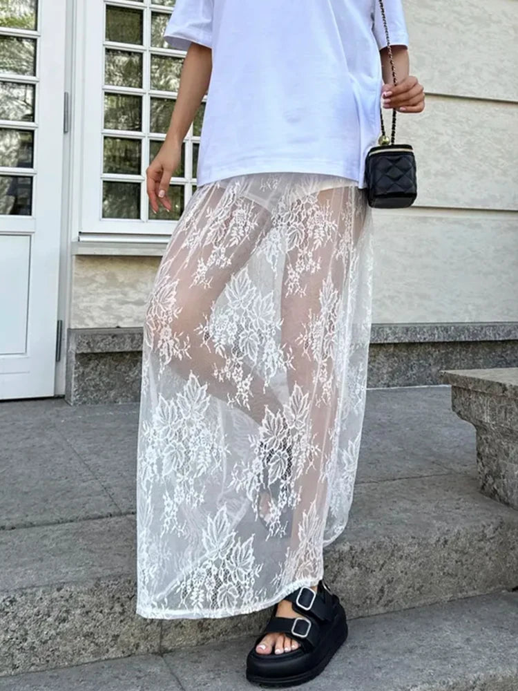 Women's See-Through Floral Print Lace White High-Waisted Loose Pants