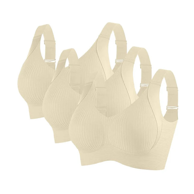 3-Piece Women's Non-Wire Push-Up Bra Set with Seamless Ribbed Design