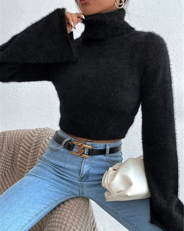 Women's Short Flare Sleeve Mock Neck Cropped Knit Sweater
