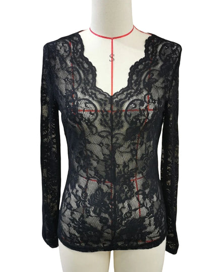 Women’s Long Sleeve Sheer Mesh Blouse with Floral Lace Design