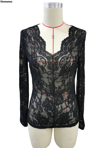 Women’s Long Sleeve Sheer Mesh Blouse with Floral Lace Design