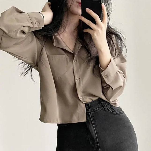 Women's Loose Fit Single-Breasted Solid Long-Sleeve Casual Shirt