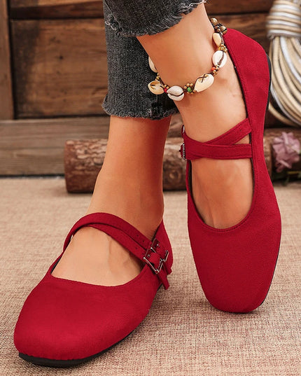 Double Buckle Women’s Square Toe Mary Jane Flats in Faux Suede