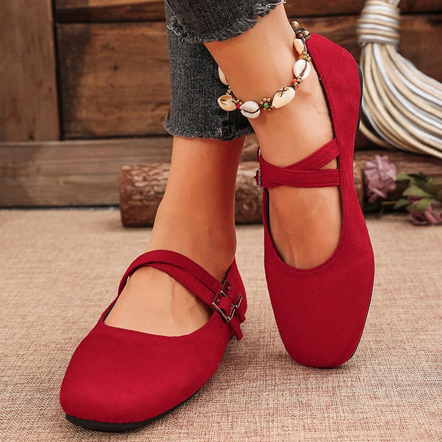 Double Buckle Women’s Square Toe Mary Jane Flats in Faux Suede